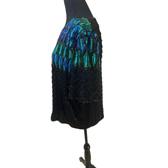 Vintage Sequin Peacock Feather Top Black Silk Blouse By Tenay Heavily Beaded - Picture 4 of 12
